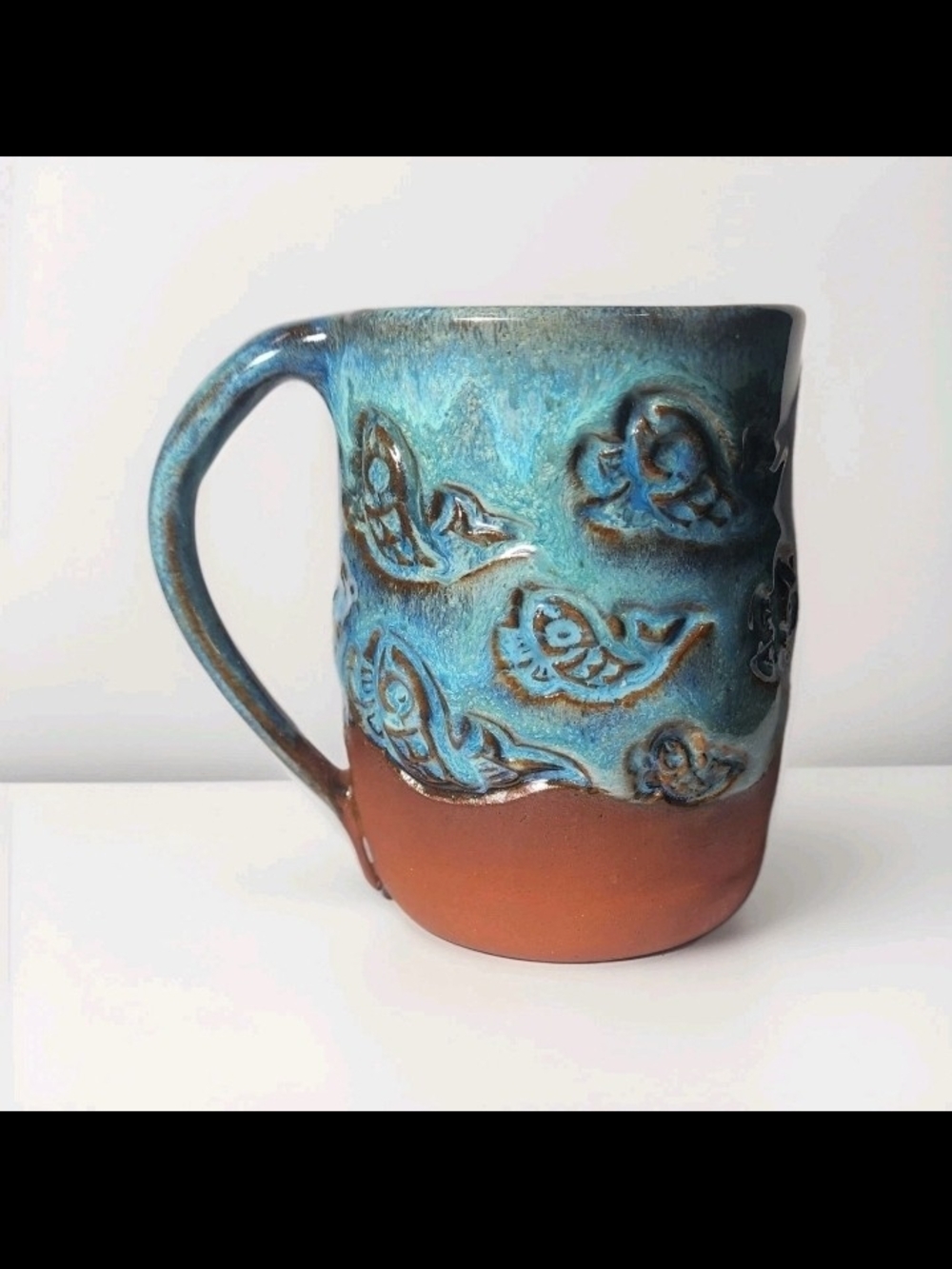 Studio Pottery Blue Glazed Mug Fish Motif Artist Signed "CM" Red Clay